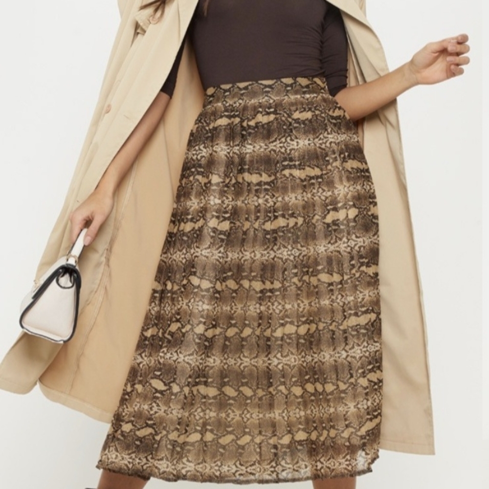 Pretty Little Things Brown Snake Print Midi Pleated Skirt